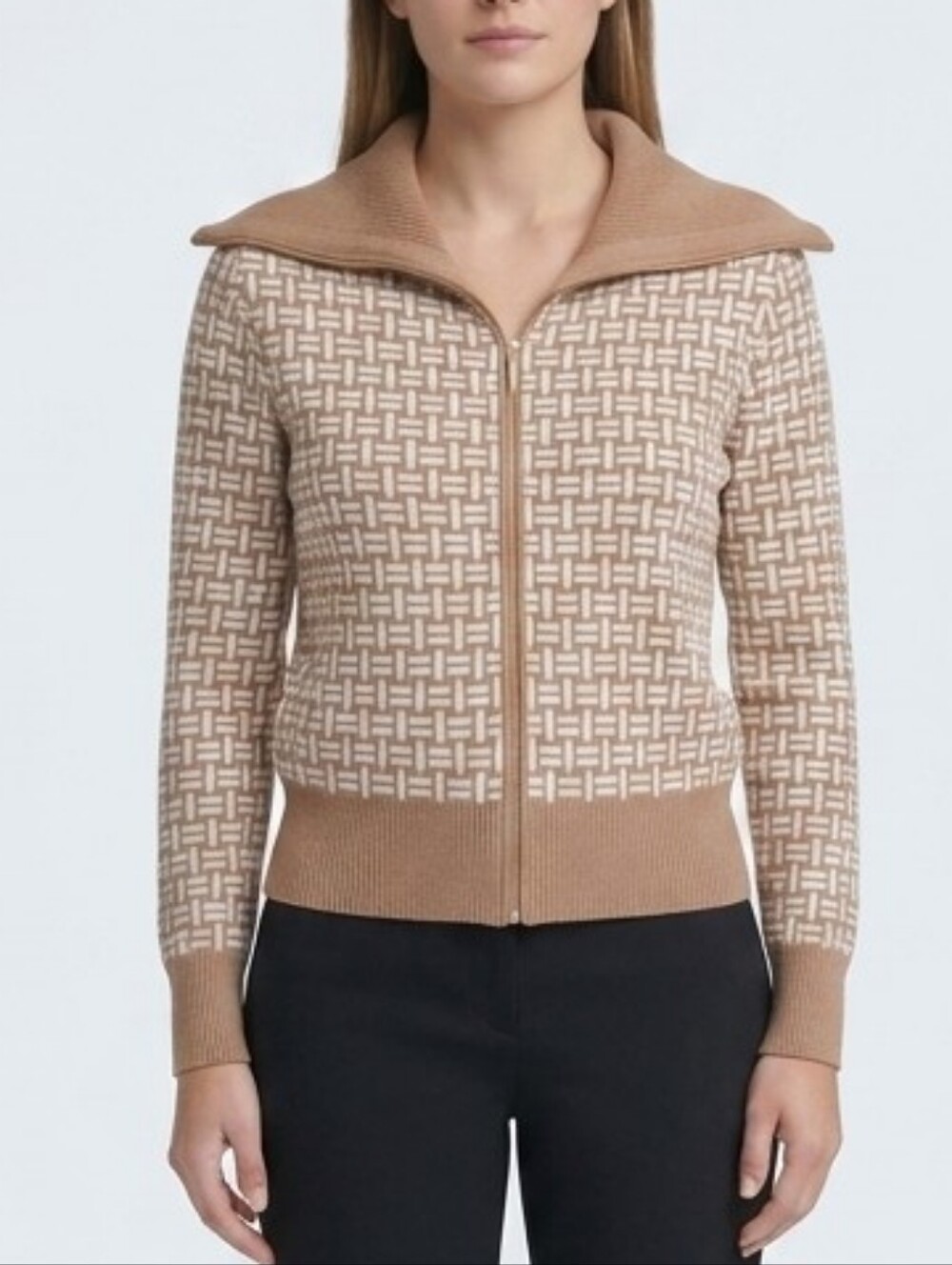 Marc New York Andrew Marc Geometric Full Zip Sweater Medium Tan Beige